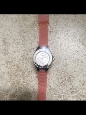 Michele Coral Pink Silicone Strap Watch with Silver Case